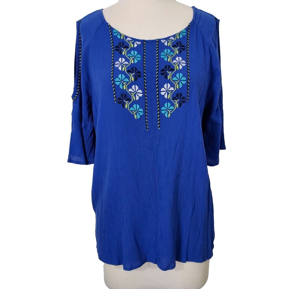 LEE Cold Shoulder Embroidered Shirt Top Women Size XL Blue Crinkled Flowy Blouse
